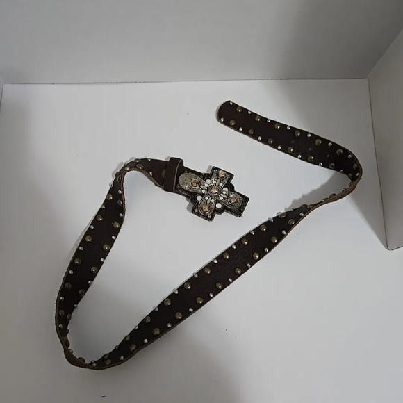 Leatherock Genuine Brown Leather Studded Cross Belt Size 34 - Picture 2 of 4
